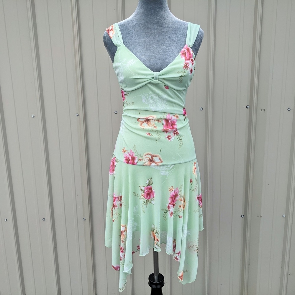 Vintage Y2K Floral Asymmetrical Fairy Dress XS Sheer Mesh Overlay Drop Waist